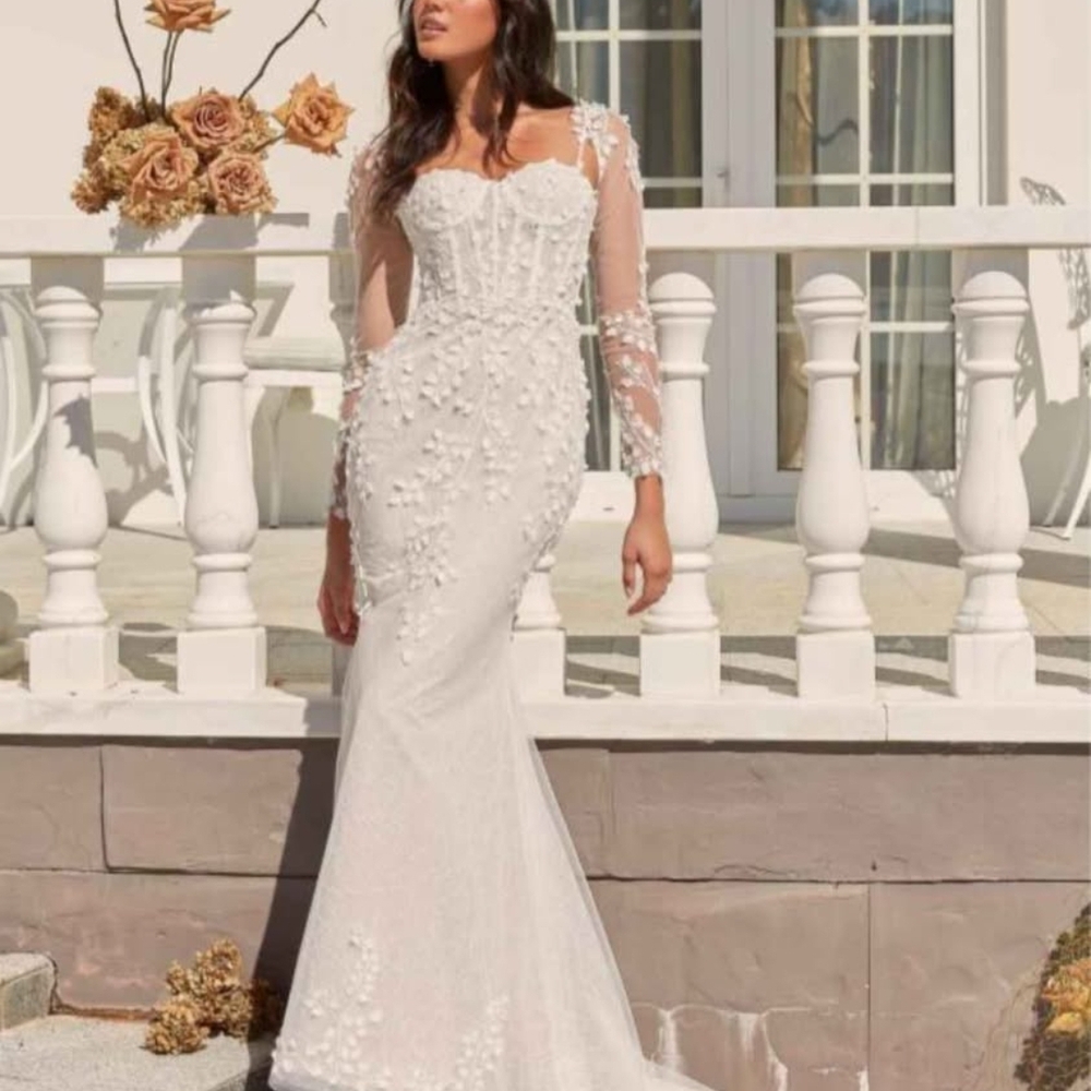 Off-Shoulder White Floral Appliqué Long Sleeve Bridal Gown